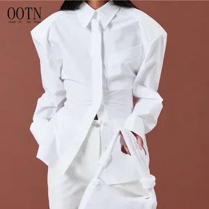 OOTN Casual Single Breasted Party Shirts Female Women Street Long Sleeve Slim Shoulder Pads Tops Sexy Backless Lace-Up Blouses