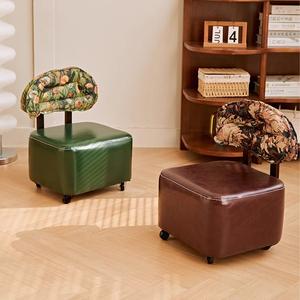 Retro Roller Stool With Casters Swivel <b>Backrest</b> Living Room Wheeled Stool Home Use Shoe Changing Seat - Product Image 1