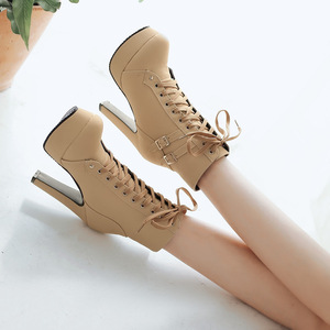 Botas Femininas Plus Sexy com Salto Alto, Bico Redondo, Plataforma em PU, Botas de Tornozelo com Cadarço - Product Image 3