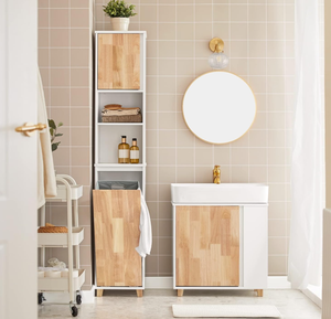 Armoire <span class=keywords><strong>de</strong></span> <span class=keywords><strong>salle</strong></span> <span class=keywords><strong>de</strong></span> <span class=keywords><strong>bain</strong></span> couleur chêne avec panier à linge, portes d'armoire et 2 étagères, adaptée à la <span class=keywords><strong>salle</strong></span> <span class=keywords><strong>de</strong></span> <span class=keywords><strong>bain</strong></span>. - Product Image 4