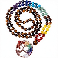 Collier Arbre de Vie 7 Chakras en Laiton Bohème, Perles de Prière Malabar Nouées à la Main, Véritable Gemme de Guérison, Yoga et Méditation, Cadeau