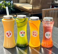 Bouteilles en plastique PET épaissies à taille fine, jetables, avec couvercles, pour boissons à emporter, jus frais et bubble tea