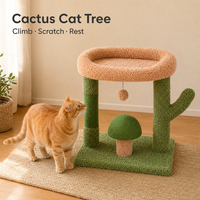 Arbre à chat en forme de cactus en gros avec lit en peluche, griffoir en sisal, marchepied champignon et boule suspendue pour chats d'intérieur OEM