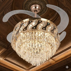 Ventilateur de plafond à pales invisibles, lustre de luxe en cristal doré, éclairage suspendu LED avec télécommande pour maison moderne et salle à manger - Product Image 3