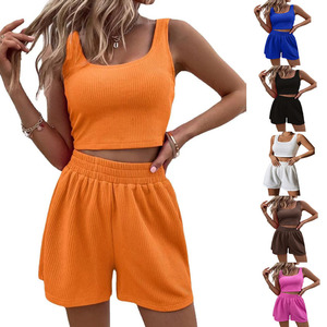 Wholesale Women Knit Two Piece Set Sleeveless Summer Casual Streetwear Outfit Screen Printing Logo - Product Image 2