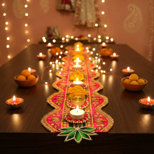 Elegant Handmade Diwali Table Runner with Tea Light Holders Festive Dining Table <b>Decor</b> Embroidered Rangoli Centerpiece - Product Image 1