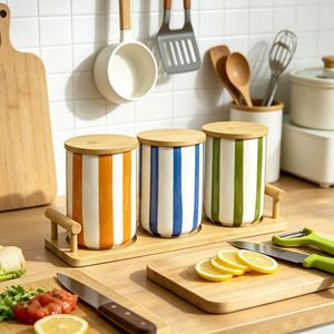 Pot de conservation en céramique avec couvercle en bois 1-2L, récipient alimentaire hermétique, forme cylindrique, design moderne, utilisation en cuisine - Product Image 2