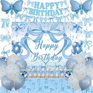 Decoraciones <span class=keywords><strong>de</strong></span> <span class=keywords><strong>Cumpleaños</strong></span> con Lazo Azul Coqueto <span class=keywords><strong>para</strong></span> Niñas y Mujeres, Pancarta <span class=keywords><strong>de</strong></span> Feliz <span class=keywords><strong>Cumpleaños</strong></span> en Azul Claro y Blanco, Globos, Mantel - Product Image 1
