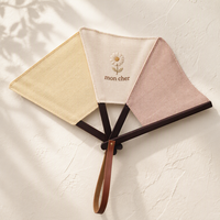 Kipas Lipat Linen Bordir Provence Prancis BSBH, Kipas Tangan Kayu Kustom dengan Tali Kulit untuk Souvenir Pernikahan Luar Ruangan