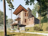 Maison préfabriquée moderne surélevée en forme de A avec grand balcon pour station balnéaire côtière