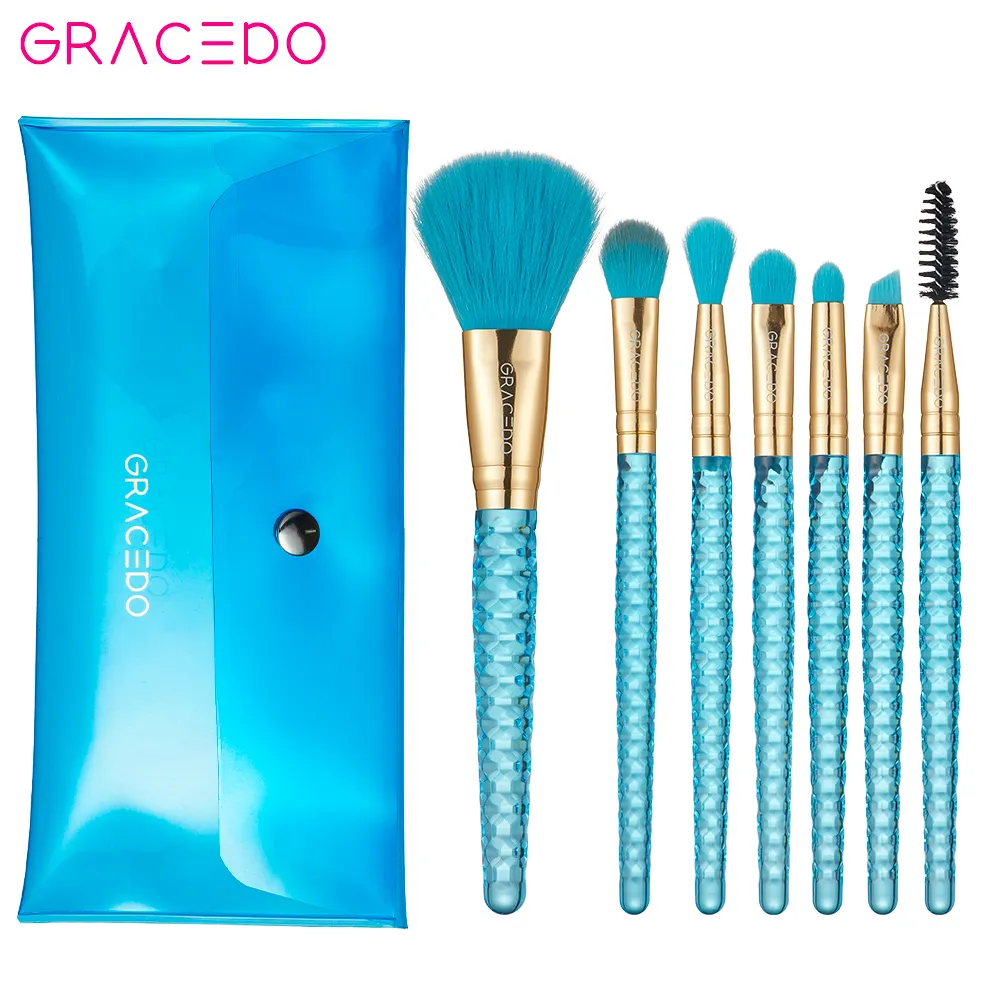 Gracedo 7 Stuks Blauw Gouden Make-Up Borstel Set Reizen Hoge Kwaliteit Mini Logo Private Label Luxe Cosmetische Penselen Set Met een Zak