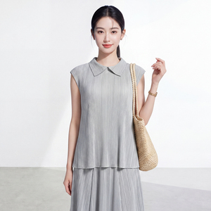 Chemisier plissé Miyake à col rabattu pour femme, manches courtes, coupe ample, en mousseline compressée anti-plis, écologique, pour le quotidien - Product Image 3