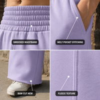 Pantalones de chándal para hombre personalizados, de algodón peinado con forro polar de lavanda, con smock, cintura alta elástica, pierna ancha, bajo sin rematar, estilo streetwear y corte relajado