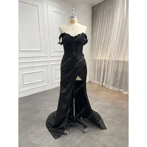 Custom Sweetheart Off Shoulder Women Beading Lace Corset Evening Gown Factory Pleat Sexy Slit Black Silk-like Prom Party Dresses