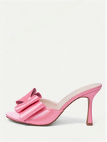 Sandales mules roses en satin pour femmes, à bout rond et talon épais, avec nœud surdimensionné et strass, chaussures de soirée pour la vente en gros