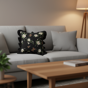 Coussin décoratif vintage carré brodé 45 cm en coton noir pour canapé, lit, salon, décoration intérieure - Product Image 2