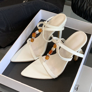 Escarpins à talons hauts pour femmes, décorés de perles porte-bonheur, à bout ouvert pointu, à bride en T, avec boucles à brides croisées, style sandales de soirée - Product Image 5