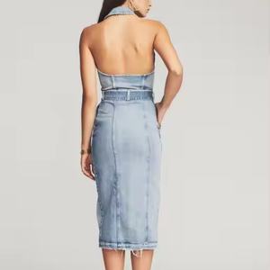 Vestido vaquero de verano al por mayor, elegante y sexy, sin mangas, con espalda descubierta, 100% algodón, con abertura, lavado ácido, estilo modesto - Product Image 5