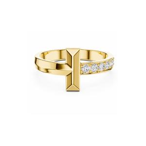 Bague minimaliste en or jaune 18 carats avec croix et diamant en forme de T, bande asymétrique biseautée, bague de créateur pour homme, bijoux fins et modernes - Product Image 1