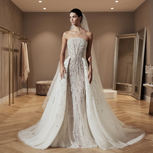 Robe de mariée bustier en satin perlé, avec traîne chapelle, soutien-gorge intégré, imprimé floral, élégante, longueur ras du sol, faite main, pour cérémonie nuptiale - Product Image 3