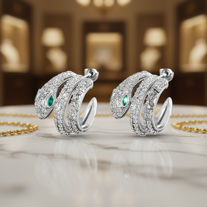 Orecchini di Lusso a Forma di Serpente in Argento 925 Placcato Oro Bianco con Cristalli e Strass, Gioielli da Festa per Donne - Product Image 2