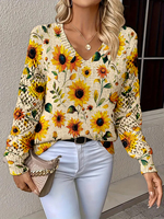 Pull-over Femme Tricoté Vintage Bohème Respirant à Imprimé Floral Tournesol - Col en V Creux Manches Longues Ample 100% Coton