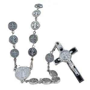 10mm Antique Silver St.Benedict Metal Beads Religious Catholic Rosary Necklace