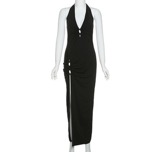 Caisi-<span class=keywords><strong>vestido</strong></span> <span class=keywords><strong>Midi</strong></span> ajustado con aberturas para mujer, vestidos negros con cuello Halter para <span class=keywords><strong>fiesta</strong></span>, sexys, sin espalda y con manchas para discoteca <span class=keywords><strong>2022</strong></span> - Product Image 4
