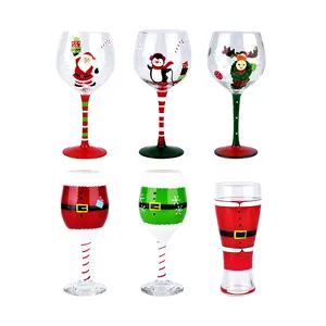 Conjunto de vidro de vinho pintado à mão, conjunto de vidro de vinho de natal pintado à mão de cristal colorido vidro de papai noel