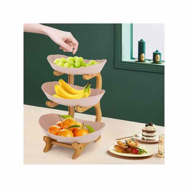 4-Stand Bamboo Serving Bowls with PP Fruit Tray Snack Plate Rack for Party Wedding Eco-Friendly 3-Tier Serving Bowls with Stand