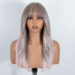 FREEDOM Perruque Lace Front en fibre haute température avec frange, 20 pouces, lisse, dégradée, pré-coupée, pour blonds et bruns, pour <span class=keywords><strong>cosplay</strong></span> rose - Product Image 1