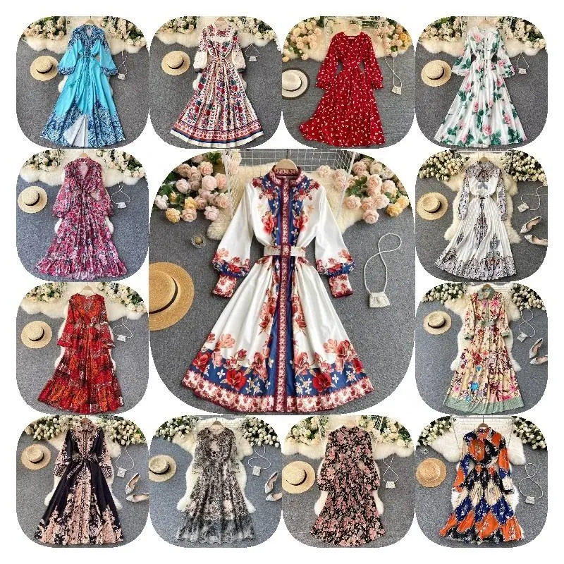 2024 Sommer Großhandel Maxikleid für Damen Puffärmel langer Baumwollstoff einfacher Stil bedruckt Strand elegantes Boho Freizeitkleid