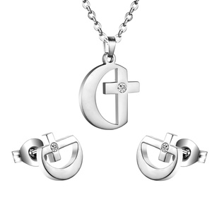 Fashion Stainless Steel 18k <b>Gold</b> Cross and Moon Women Necklace Jewelry <b>Sets</b> - Product Image 5