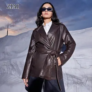 New Western-style Clothes Retro Lapel Loose Casual PU Leather Jacket Trench Suit Jacket With Belt Ladies Winter Jackets