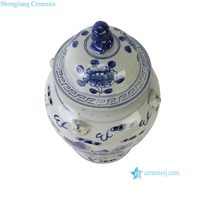 RXBN06-N Jarre de temple en porcelaine Chinoiserie bleu et blanc, motif lion Foo et Kylin, effet vieilli, avec couvercle à finition lion