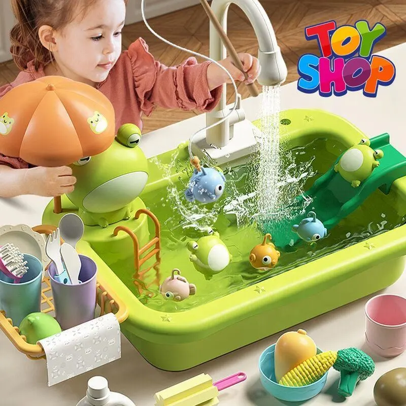 Kids Pretend Play Kitchen Simulation Sink Electric Dishwasher Cartoon Duck Frog Role Playing House Game Toys For Kids Gift