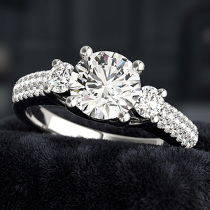 IGI Certified Round Cut Lab Grown Diamond Three <b>Stone</b> <b>Ring</b> <b>with</b> Double Row Accents 10K 14K 18K Gold 925 935 <b>Silver</b> - Product Image 1