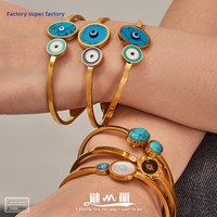 Ensemble de bracelets turquoise tendance - Bracelets ouverts ajustables plaqués or pour femmes, bijoux porte-bonheur bohèmes