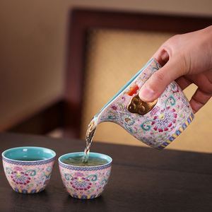 Hot-selling Ceramic Enamel Portable Teapot Set with Lovely Cups and Hand Bag Portable Teapot - Product Image 4