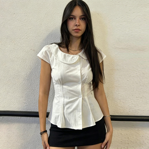 Chemisier Babydoll Simple et Mignon à Col Asymétrique, Taille Cintrée, Manches Courtes, Couleur Unie, Tricoté Respirant pour l'Été, Boutonné - Product Image 3