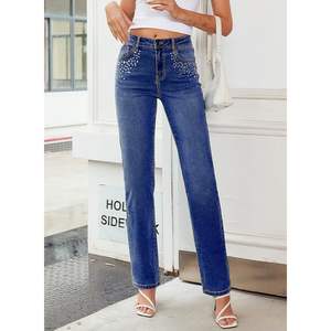 Sidefeel femmes taille haute jambe droite mince évasé petit ami extensible strass jambe large Denim pantalon respirant confortable - Product Image 6