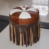Ottoman rond personnalisé avec frange fourrure de vachette rustique tan et blanc tabouret ottoman en cuir véritable pouf de qualité haut de gamme