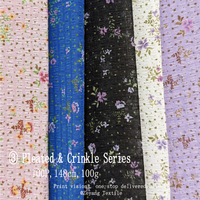 Kain Chiffon Mini Floral Crinkle Empat Kotak, Bahan Cetak Bunga Kecil Berkerut Gelembung Persegi untuk Gaun, Blus, Syal
