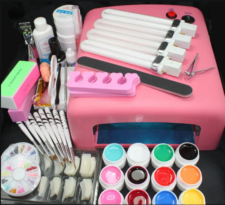 Ready To Ship 25 items collection nail art Gel kit set with nail gel and UV Gel tools set for starter with 36 w Lamp