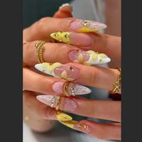 Faux ongles longs et pointus en acrylique, dentelle rose, fleurs 3D, décorations en chaîne de cristaux dorés, faits à la main