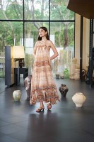 Robe longue bohème en mousseline pour femme, col halter, bretelles tressées faites main, imprimé dégradé abstrait, coupe ample trapèze, idéale pour les vacances d'été