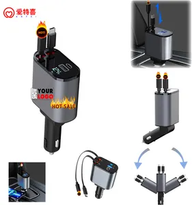 快速USB C可伸缩汽车充电器发光二极管数字显示器120W 4合1快速适配器2端口C型pd汽车充电站充电器