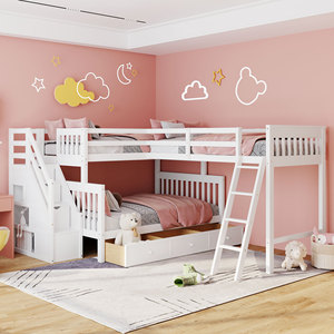 <b>White</b> Solid Wood L-Shaped Corner Bunk <b>Bed</b> With Storage And <b>Double</b> Ladder For Children And Adults - Product Image 1