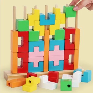 Puzzle en bois 3D à colonnes, blocs géométriques colorés avec cartes à motifs, jouet éducatif pour enfants - Product Image 3