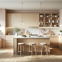 Armoires de cuisine en bois clair, portes plates sans poignées, armoire de cuisine minimaliste nordique personnalisée avec îlot pour la maison